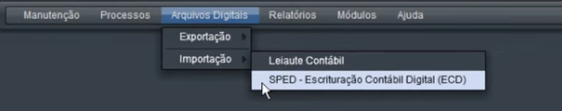 Tela do Calima com destaque para os botões Arquivos Digitais, Importação e SPED - Escrituração Contábil Digital (ECD).