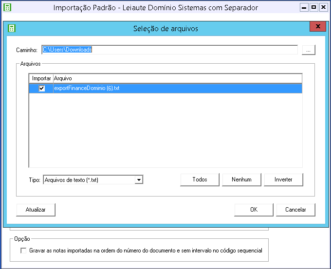 Tela do Domínio com destaque para os campos Arquivos e Ok.