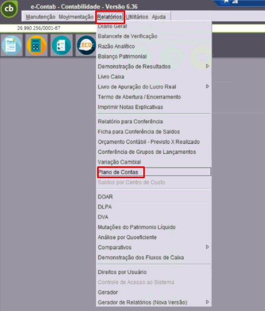 Tela do E-Contab com destaque para os campos Relatórios e Manutenção e Plano de Contas.