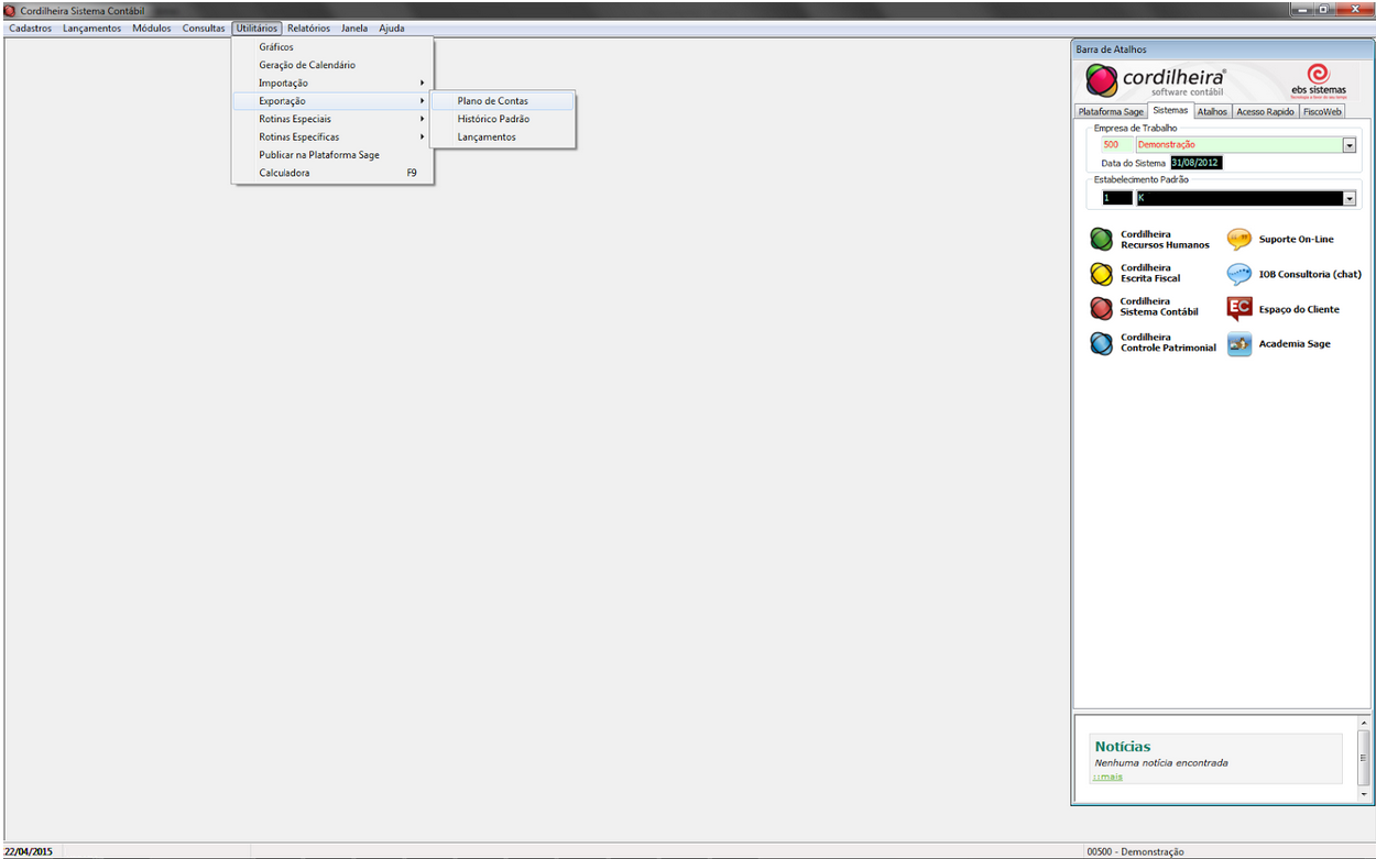 Tela do EBS Cordilheira com destaque para os botões Utilitários, Exportação e Plano de Contas.