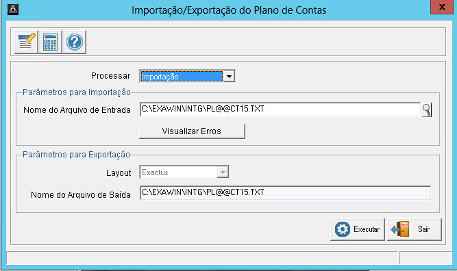 Tela do Exactus com destaque para os campos Processar, Importação, Nome do Arquivo de Entrada e Executar.