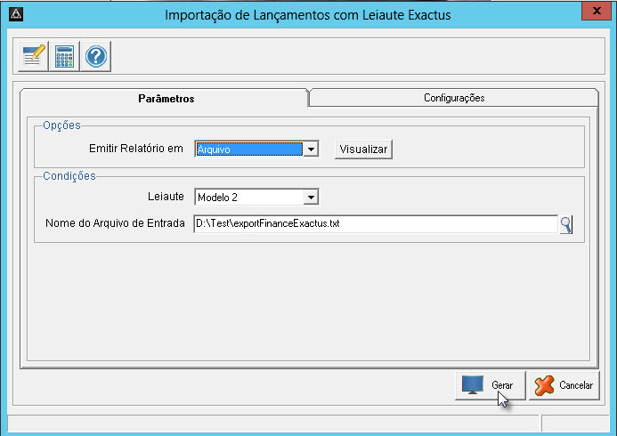 Tela do Exactus com destaque para o botão Gerar.