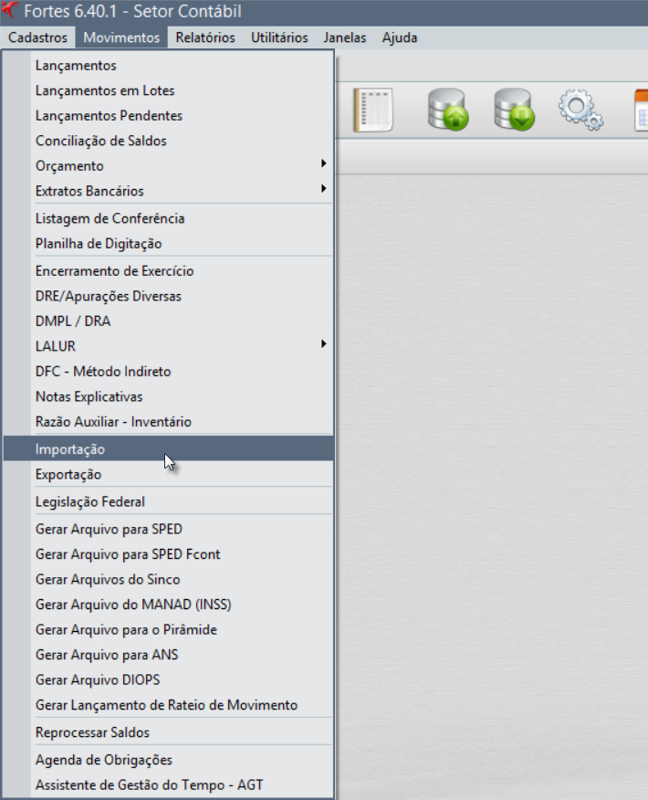 Tela do Fortes com destaque para os botões Movimentos e Importação.