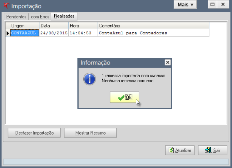 Tela do Fortes com destaque para o botão Ok.