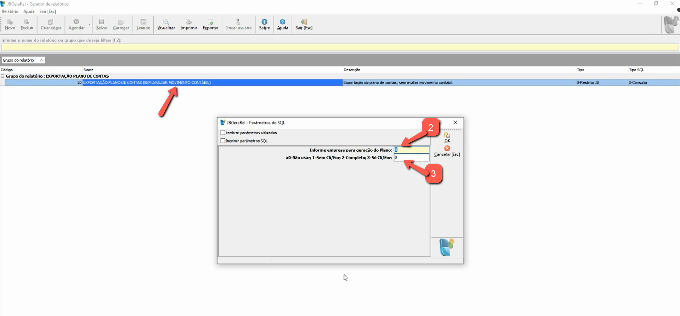 Tela do JB Cepil com destaque para os campos geração e exportação do plano.