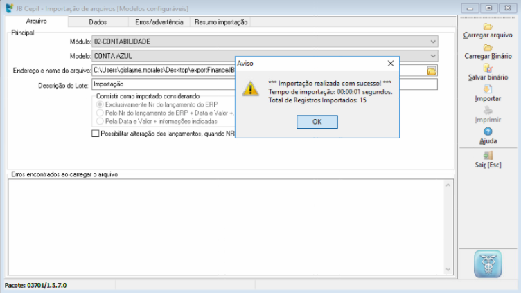 Tela do JB Cepil com destaque para o campo Ok.
