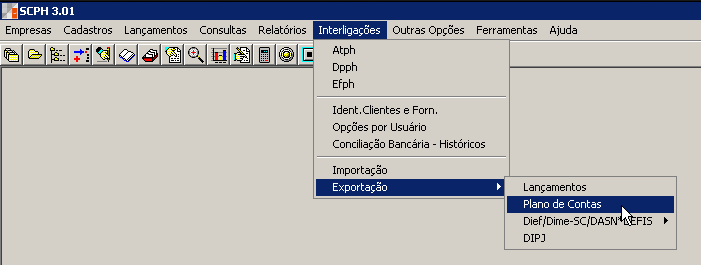 Tela do PH Software com destaque para os botões Interligações, Exportação e Plano de Contas.