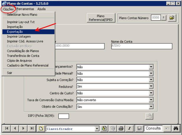 Tela do Prosoft com destaque para os botões Opções e Exportação.