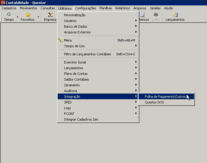 Tela do Questor com destaque para os botões Utilitários, Integração e Folha de Pagamentos/Outros.
