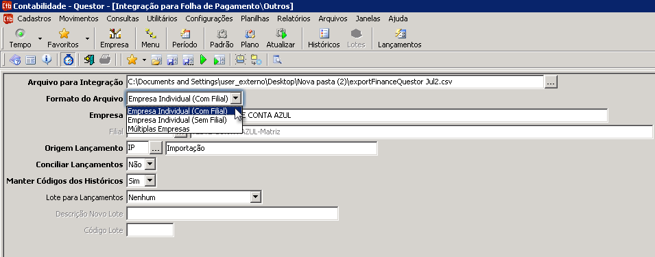 Tela do Questor com destaque para os campos Formato do Arquivo e Empresa Individual (Com Filial).