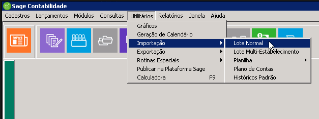 Tela do Sage com destaque para os botões Utilitários, Importação e Lote Normal.