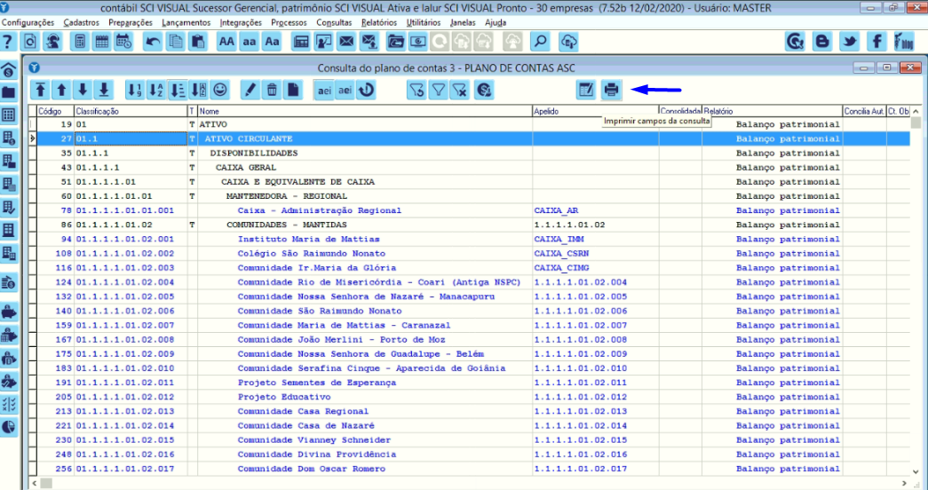 Tela do SCI Linha Visual com destaque para o ícone de impressora.