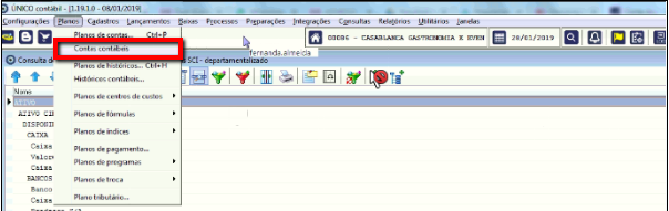 Tela do SCI Único com destaque para os botões Planos e Contas contábeis.