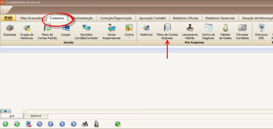 Tela do Tron com destaque para os botões Cadastros e Planos de Contas Empresa.