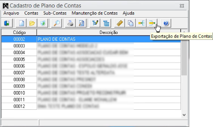 Tela do Alterdata com destaque para o botão Exportação de Plano de Contas.