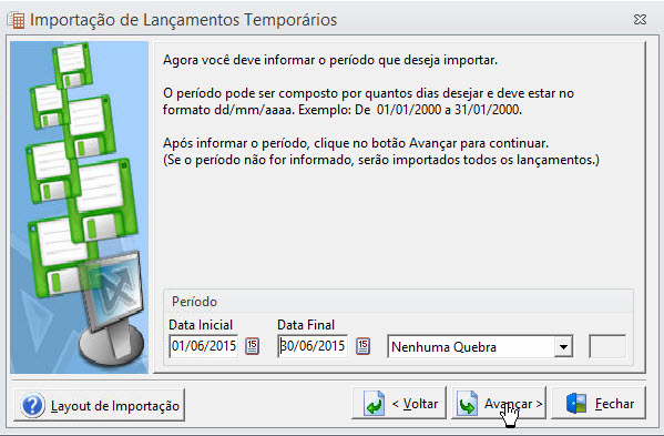 Tela do Alterdata com destaque para os campos Período e Avançar.