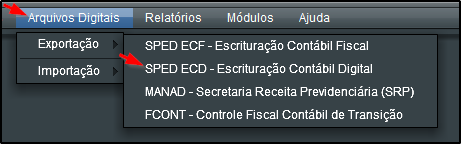 Tela do módulo Contábil do Calima com destaque para o campo SPED ECD – Escrituração Contábil Digital.