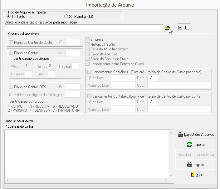 Tela do Contmatic com destaque para o campo Diretório onde se encontra o arquivo texto a ser importado.