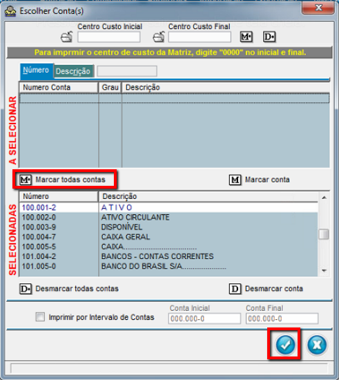Tela de Escolher conta(s) com destaque para o botão Marcar todas as contas.