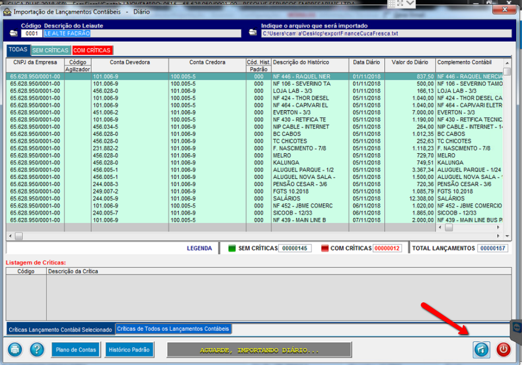 Tela de Importação de Lançamentos com destaque para o ícone de download.