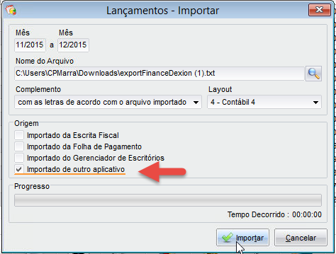 Tela do Dexion com destaque para o campo Importado de outro aplicativo e o botão Importar.