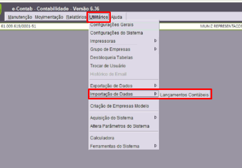 Tela do E-Contab com destaque para os campos Utilitários, Importação de Dados e Lançamentos Contábeis.