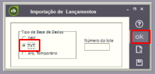 Tela do E-Contab com destaque para os campos TXT e OK.