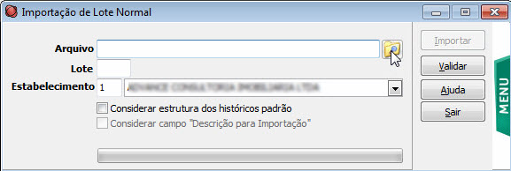 Tela do EBS Cordilheira com destaque para o botão Arquivo.