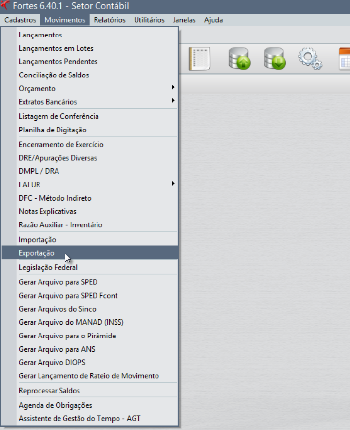 Tela do Fortes com destaque para os botões Movimentos e Exportação.