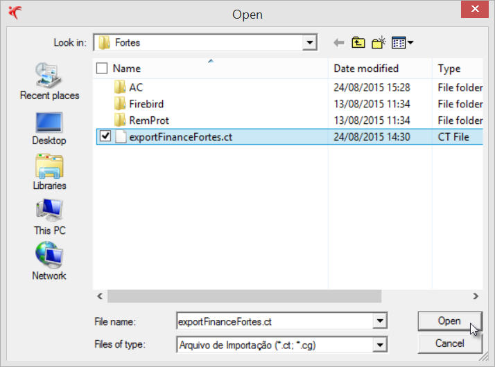 Tela do Fortes com destaque para o botão Open.