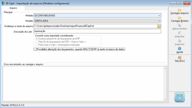 Tela do JB Cepil com destaque para os campos Módulo, Modelo, Descrição do Lote e Carregar arquivo.