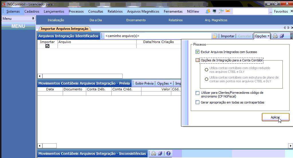 Tela do Mastermaq com destaque para os campos Excluir Arquivos Integrados com Sucesso e Aplicar.