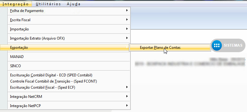 Tela do Fortes com destaque para os botões Integração, Exportação e Exportar Plano de Contas.