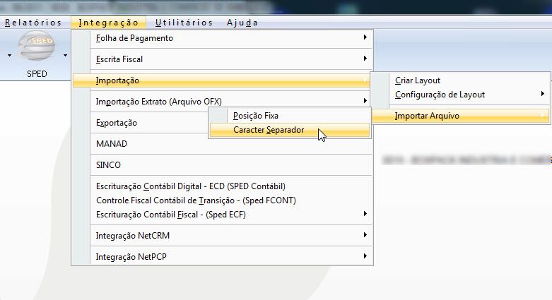 Tela do Netspeed com destaque para os botões Integração, Importação, Criar layout e Carácter Separador.