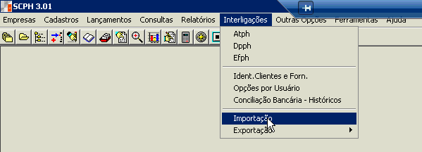 Tela do PH Software com destaque para os botõe Interligações e Importação.