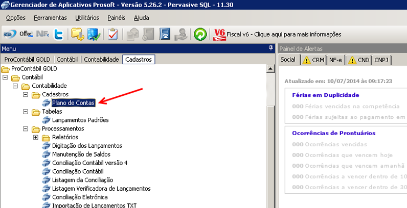 Tela do Prosoft com destaque para o botão Plano de Contas.