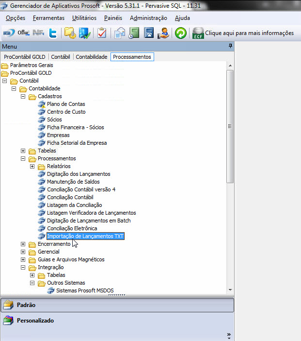Tela do Prosoft com destaque para os botões Processamentos e Importação de Lançamentos TXT.