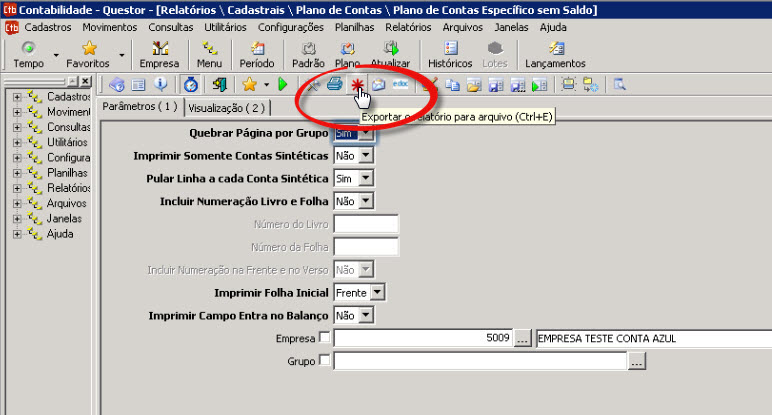 Tela do Questor com destaque para o botão Exportar o Relatório para Arquivo.
