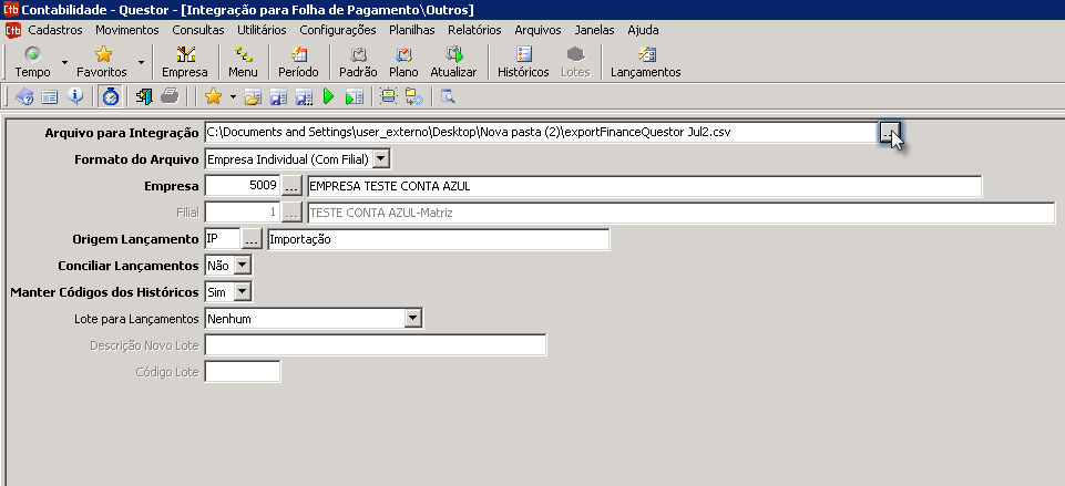 Tela do Questor com destaque para o campo Arquivo para Integração.