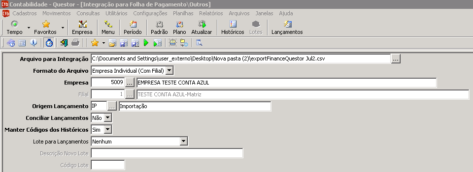 Tela do Questor com destaque para os campos Conciliar Lançamentos e Manter Códigos dos Históricos.