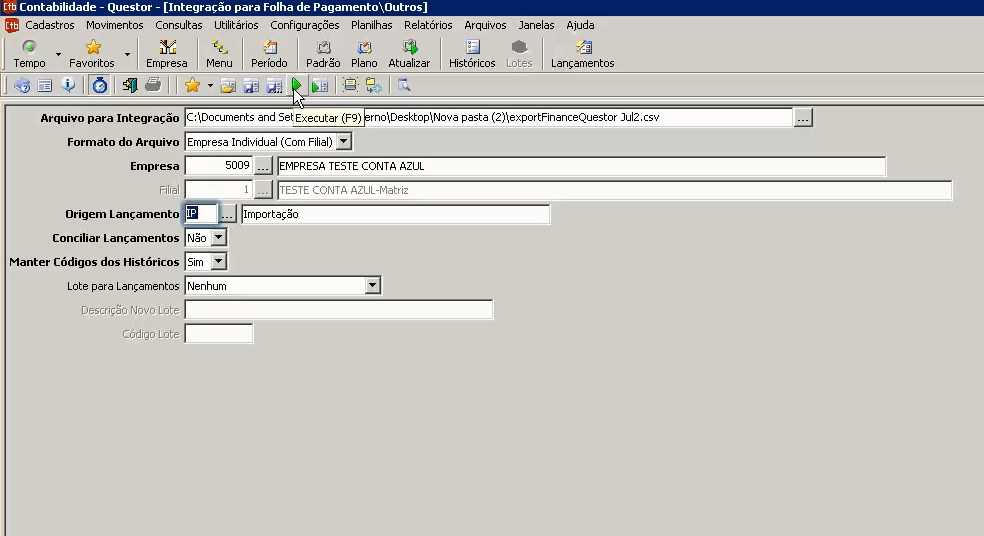 Tela do Questor com destaque para o campo Executar.