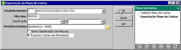Tela do Sage  com destaque para o menu Exportar contas sem movimento.