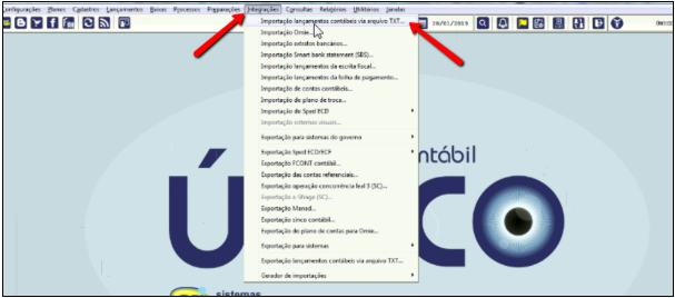 Tela do SCI Único com destaque para os botões Integrações e Importação lançamentos contábeis via arquivo TXT.
