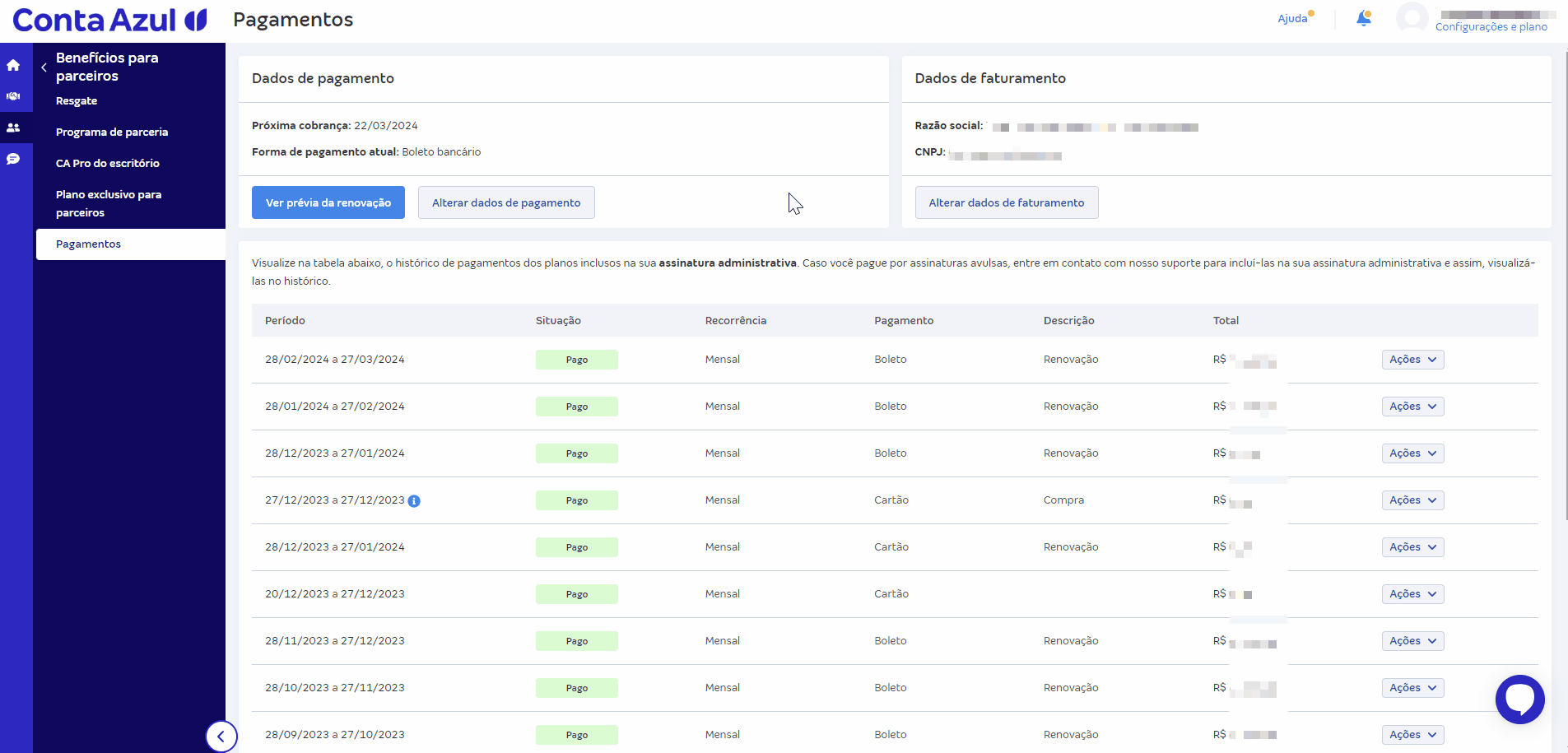 Tela de Meu plano com destaque para o aviso de Pagamento Exclusivo Mensal.