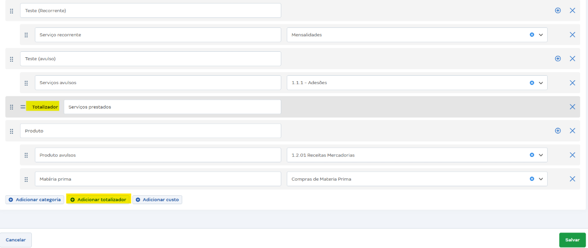Tela de Categoria do Fluxo de Caixa com destaque para o botão adicionar totalizador.