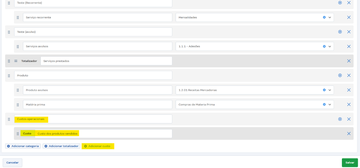 Tela de Categoria do fluxo de caixa com destaque para o botão adicionar Custo.