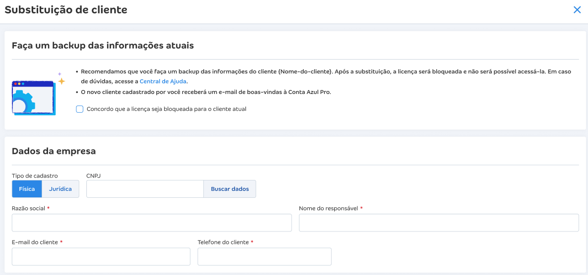 Tela de substituição de cliente.