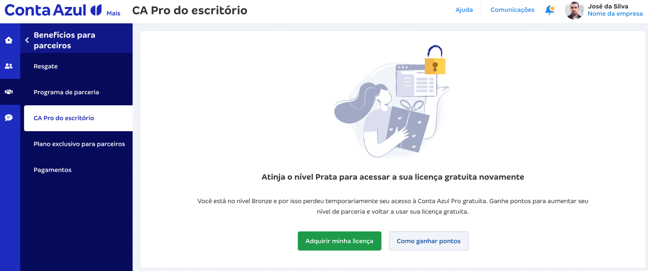 Tela de CA Pro do escritório com aviso Atinja o nível Prata para acessar a sua licença gratuita novamente.