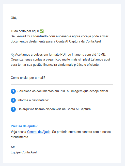 e-mail de confirmação de cadastro do email na Conta AI Captura