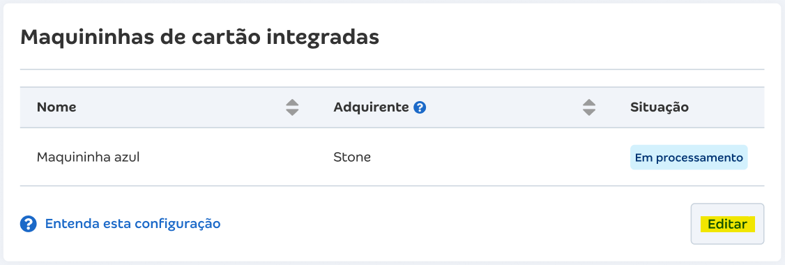 Tela de situação da integração com Stone Em processamento.
